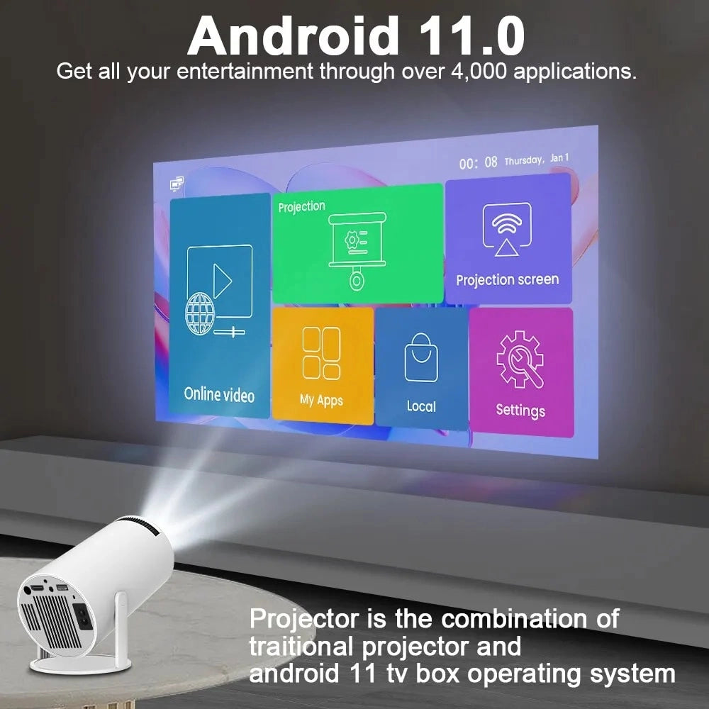 4K Android Projector with Dual Wifi6 & 200 ANSI - Allwinner H713, BT5.0, 1280*720P