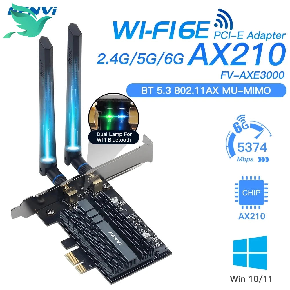 Fenvi WiFi 6E Intel AX210 PCIe Adapter - 5374Mbps, 2.4G/5G/6Ghz, Bluetooth 5.3, PC Win10