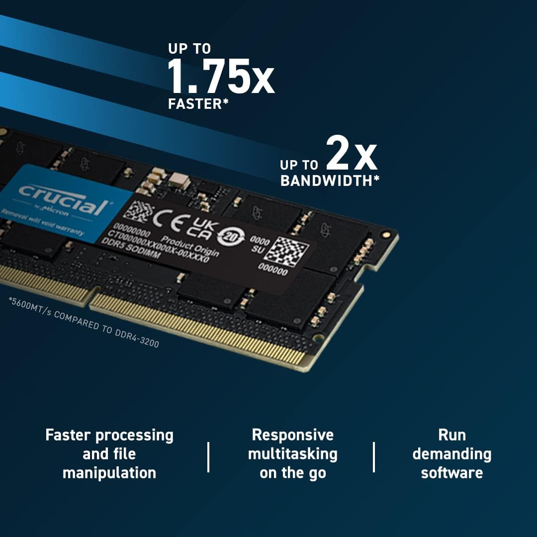 Crucial RAM 16 Go DDR5 5 600 MHz (ou 5 200 MHz/4 800 MHz) - Compatible ordinateur portable (SODIMM) - CT16G56C46S5