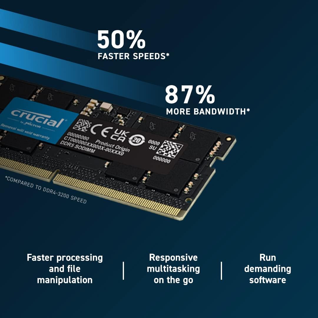 Crucial RAM 16 Go DDR5 5 600 MHz (ou 5 200 MHz/4 800 MHz) - Compatible ordinateur portable (SODIMM) - CT16G56C46S5