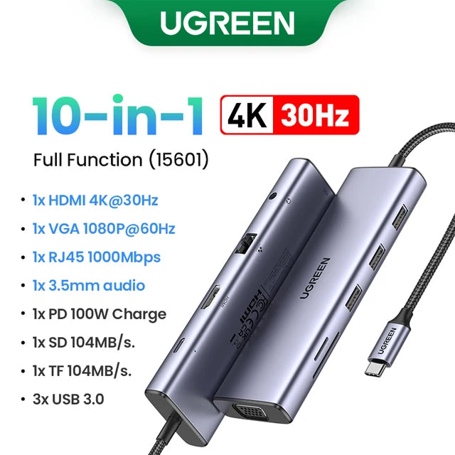 UGREEN 10-in-1 USB C Hub with 4K HDMI, VGA, Gigabit Ethernet, and PD 100W Charging for MacBook Pro/Air and USB-C Devices