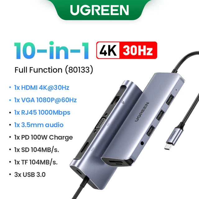 UGREEN 10-in-1 USB C Hub with 4K HDMI, VGA, Gigabit Ethernet, and PD 100W Charging for MacBook Pro/Air and USB-C Devices