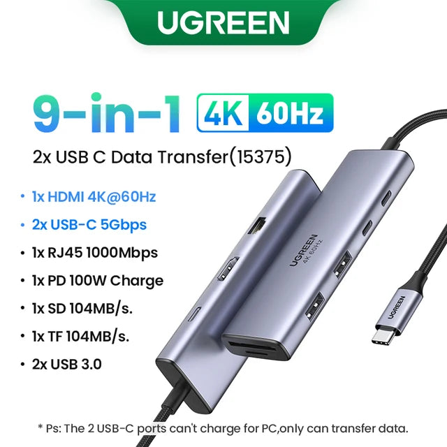 UGREEN 10-in-1 USB C Hub with 4K HDMI, VGA, Gigabit Ethernet, and PD 100W Charging for MacBook Pro/Air and USB-C Devices