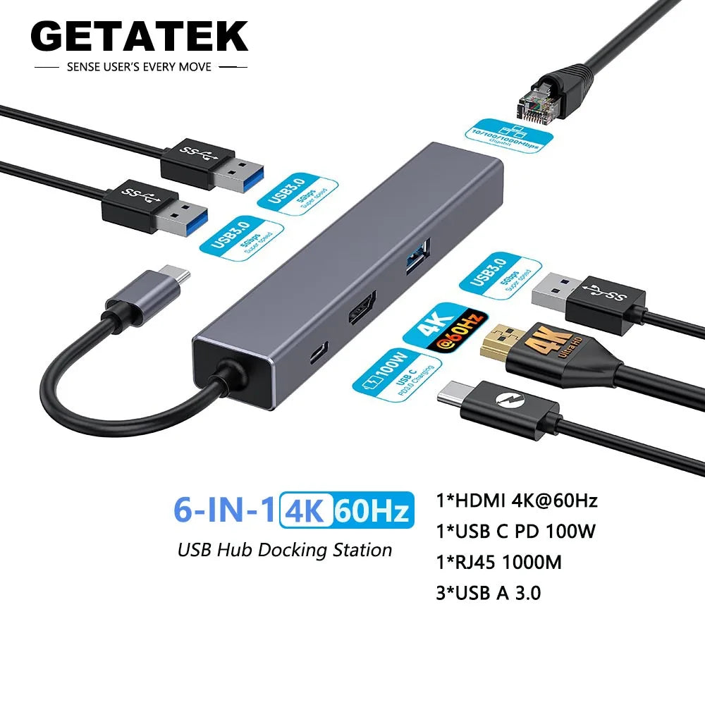 Getatek USB C Hub Docking Station with 4K@60Hz Video Output and 100W PD Charging - RJ45 & USB 3.0 for Fast Data Transfer