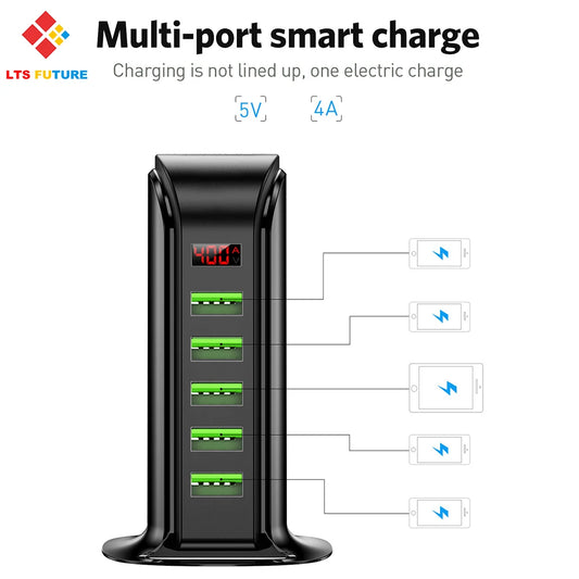 LED Display Quick Phone Charger - Multiple 5-Port Desktop Dock Station - Travel Charger Hub Wall Socket Adapter