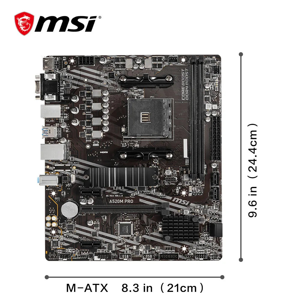 MSI A520M PRO Motherboard for Ryzen 5000 & 3000 Series CPUs - AM4, Dual Channel DDR4, M.2 NVMe, HDMI 2.1, USB 3.2