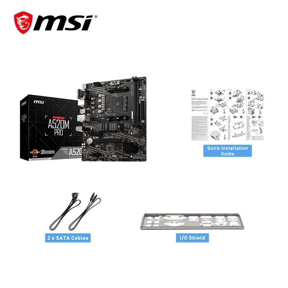 MSI A520M PRO Motherboard for Ryzen 5000 & 3000 Series CPUs - AM4, Dual Channel DDR4, M.2 NVMe, HDMI 2.1, USB 3.2