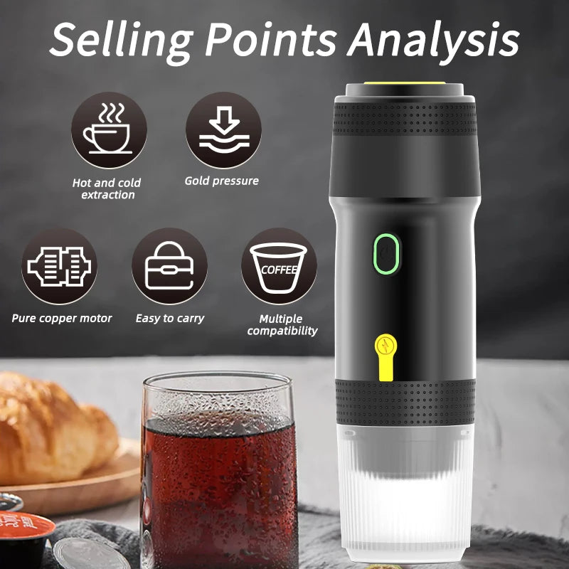 Wireless Electric Portable Espresso Coffee Machine – 3-in-1 Capsule & Powder Travel Coffee Maker for Car, Home & Camping