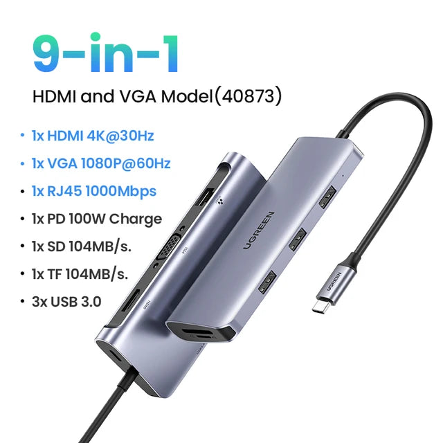 UGREEN 10-in-1 USB C Hub with 4K HDMI, VGA, Gigabit Ethernet, and PD 100W Charging for MacBook Pro/Air and USB-C Devices