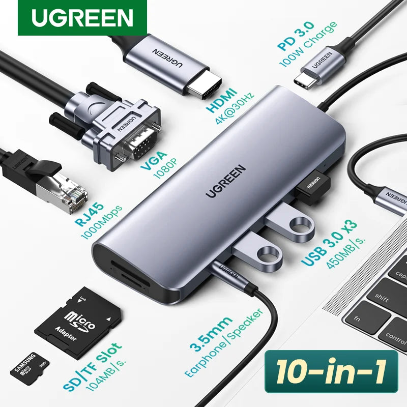 UGREEN 10-in-1 USB C Hub with 4K HDMI, VGA, Gigabit Ethernet, and PD 100W Charging for MacBook Pro/Air and USB-C Devices