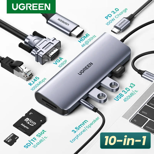 UGREEN 10-in-1 USB C Hub with 4K HDMI, VGA, Gigabit Ethernet, and PD 100W Charging for MacBook Pro/Air and USB-C Devices