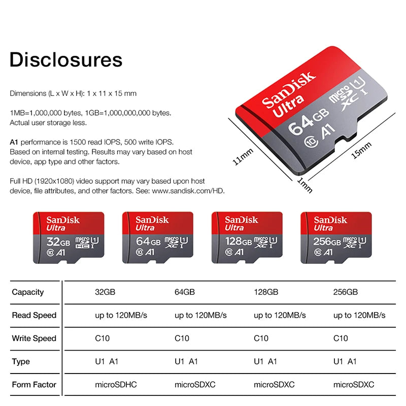 A1 Class 10 Ultra Micro SD Card - Available in 32GB, 64GB, 128GB, 256GB, and 512GB for Phones and Devices