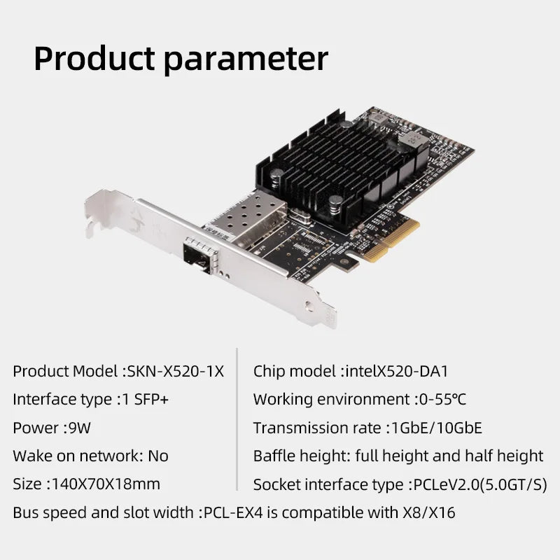 XikeStor 10G SFP+ PCI-E X8 Network Card with X520-DA1 Chip for Fiber Optic Server Connectivity